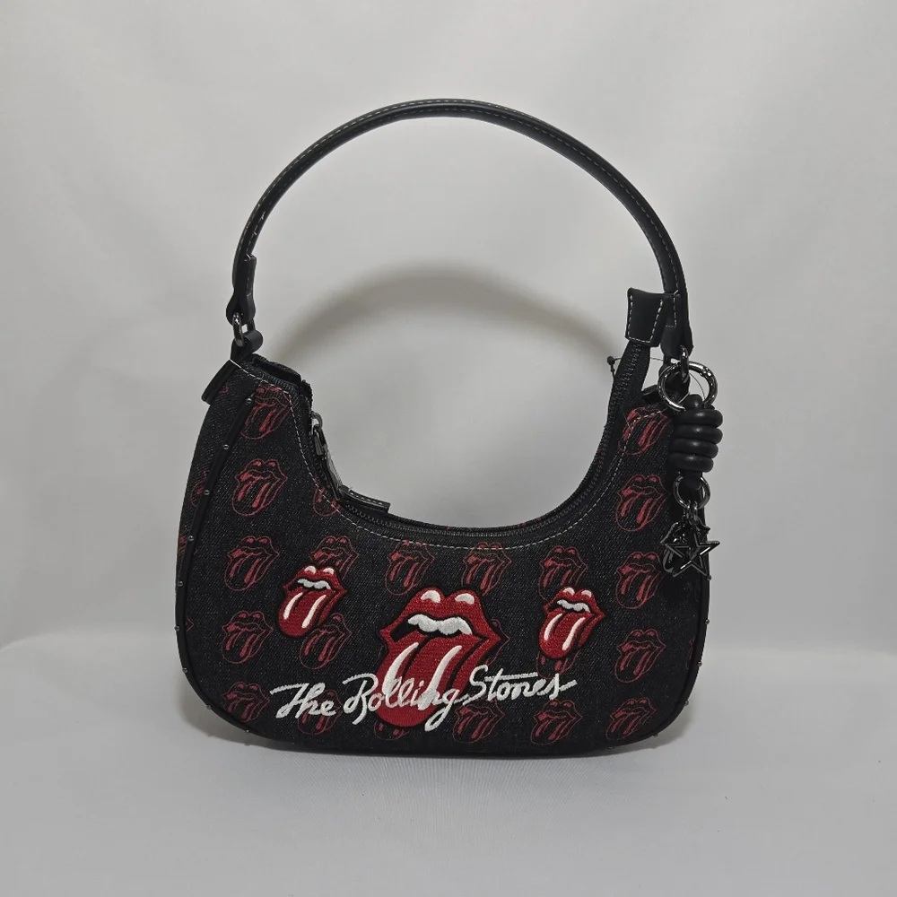 The Rolling Stones All-Over Tongue Logo Black Denim Small Hobo Bag